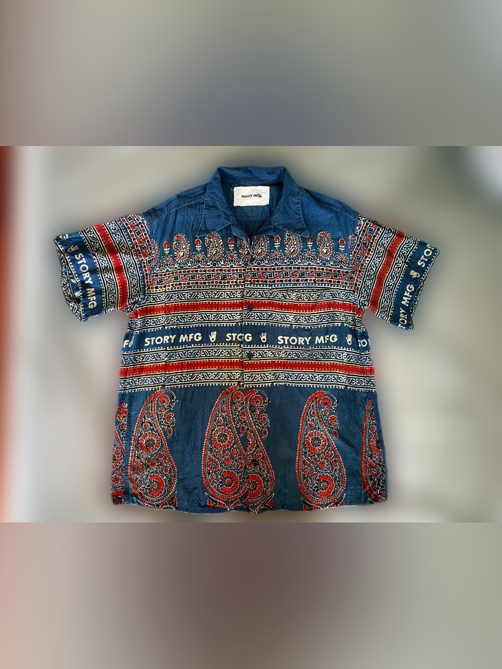 Story MFG Indigo-dyed Hand Block Print Paisley Hawaii Shirt